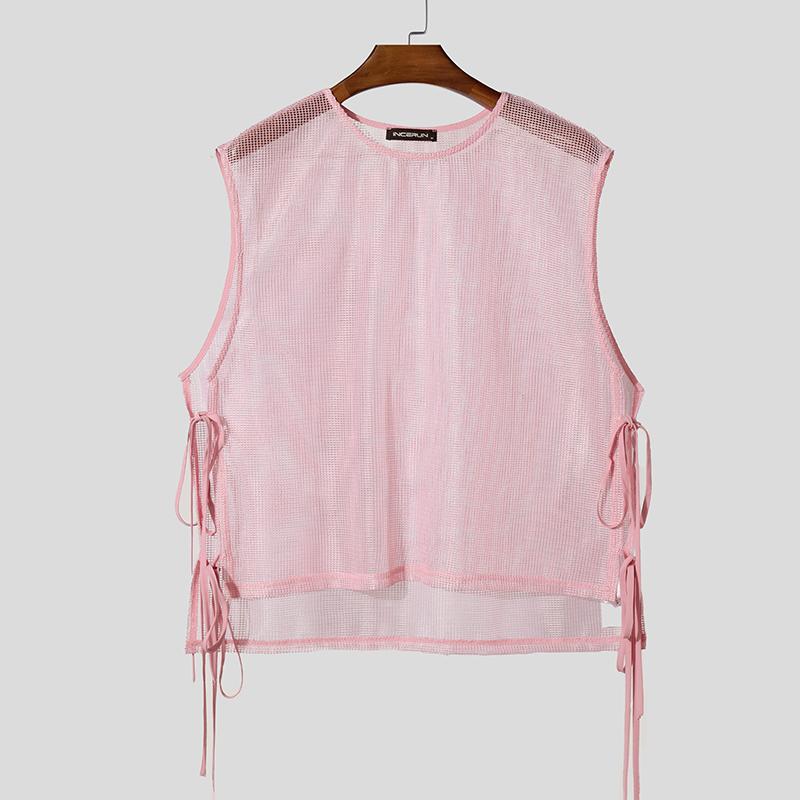 

INCERUN Summer Men Sleeveless Mesh Sheer Hollow Out Side Lace-up Party High Low Tank Tops 2XL розовый