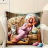 2D Flat- Funny Senior Lady and Cute Cat Throw Pillow Cover Vintage Cozy Living Room Home Decor Cushion Case