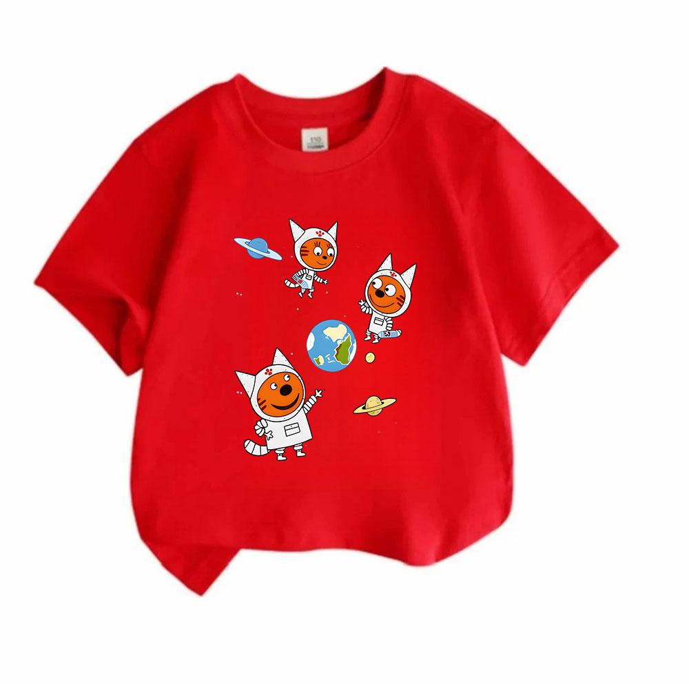 Kids Boys Girls 100% Cotton Crew Neck Short Sleeve T-Shirt, Cute Space Astronaut Cat Print Casual Breathable Tee for Children Daily Wear Outdoor Activ