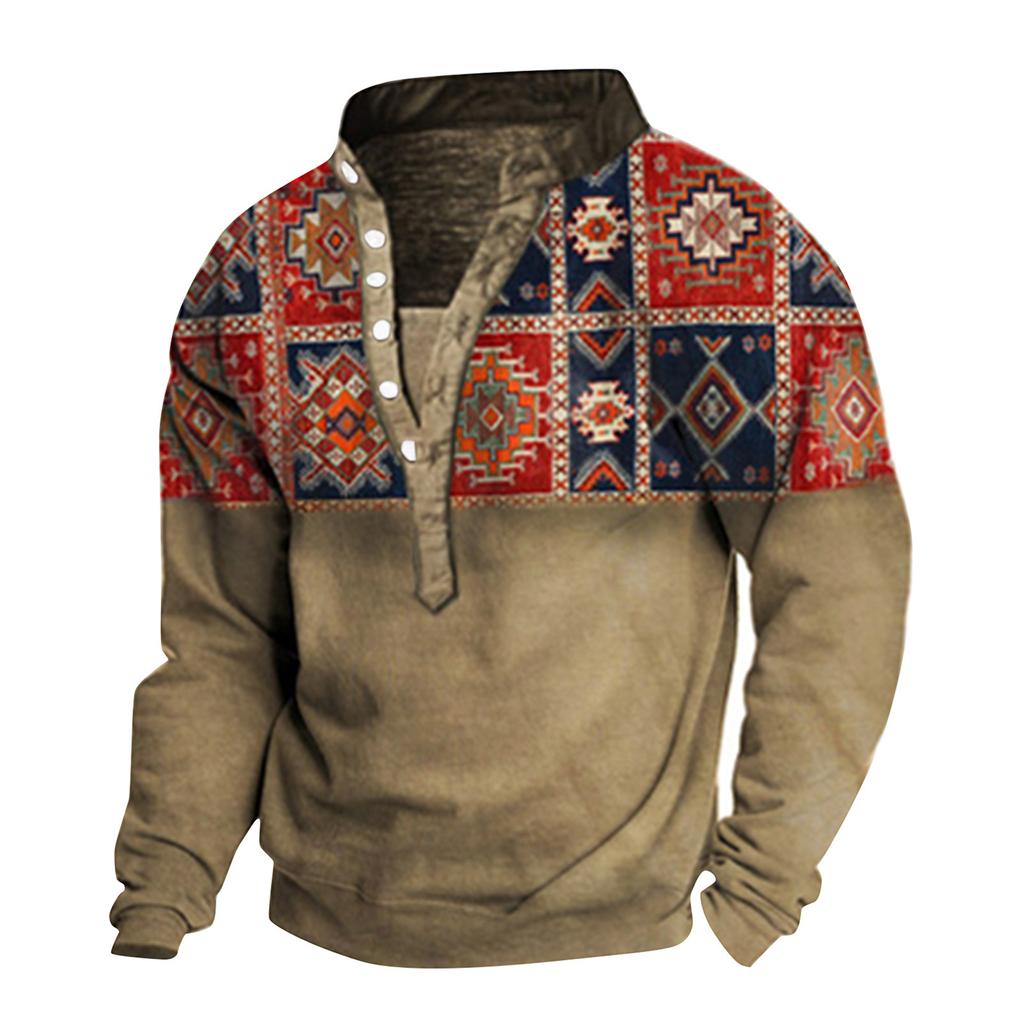 Pullover mit V-Ausschnitt für Herren, 3D-Digitaldruck, Stehkragen, 6 Knöpfe, Vintage-Kragen