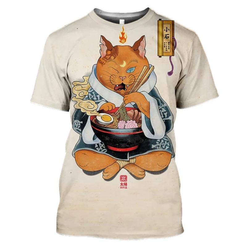 Retro T-shirt Men Women Samurai Cat Tattoo Shirt for Men 3d Print Cool Classic Art Shirt for Summer Round Collar Tops Tees