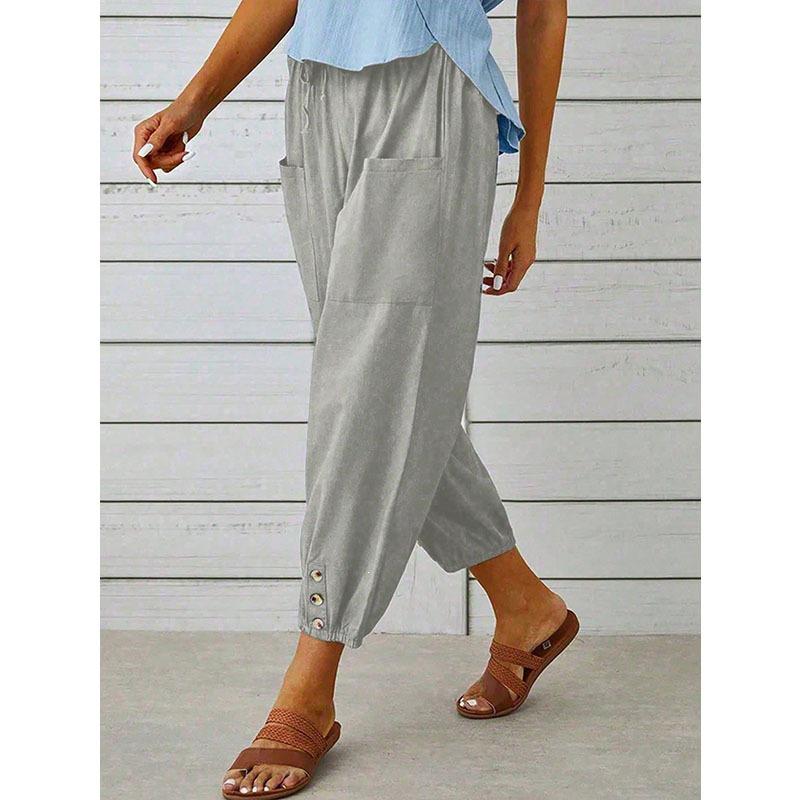 2026 Loose High-Waisted Buttoned Cotton Linen Wide-Leg Nine-Point Women's Pants