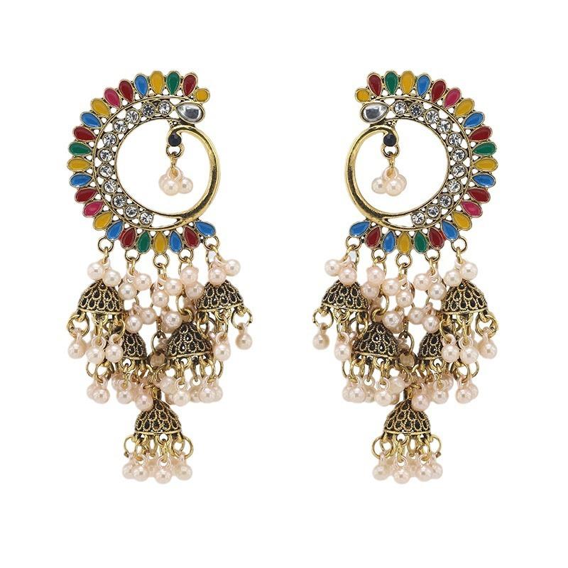 Oil Dripping Multi-color Ethnic Style Half-moon Indian Trendy Bell Ladies Earrings