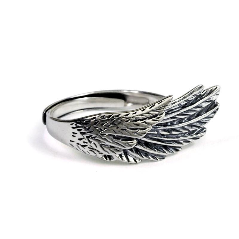 Adjustable Open Ring Men Women Sterling Feather Wing Design Minimalist Vintage Boho Jewelry