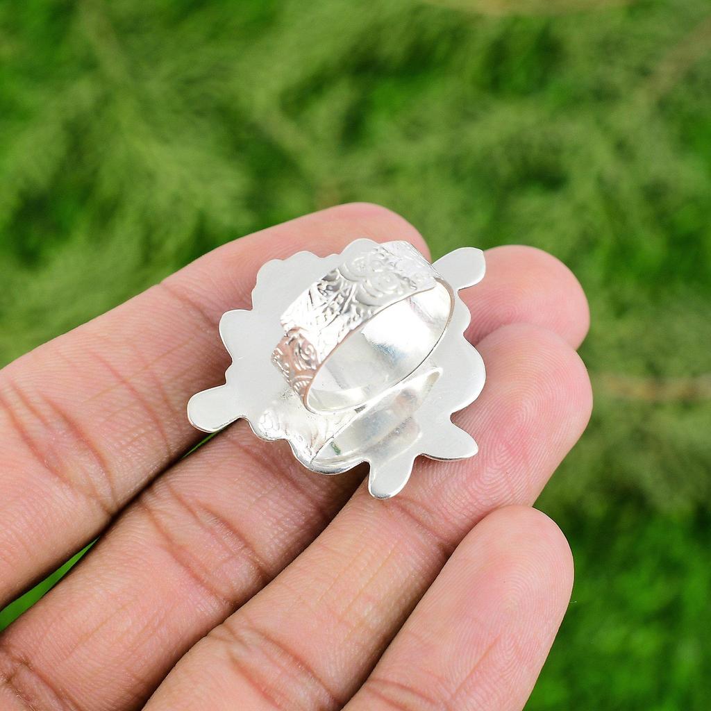 Sterling Silver Oval Pyrite Stone Wife Flower Unique Bezel Trendy Statement Ring