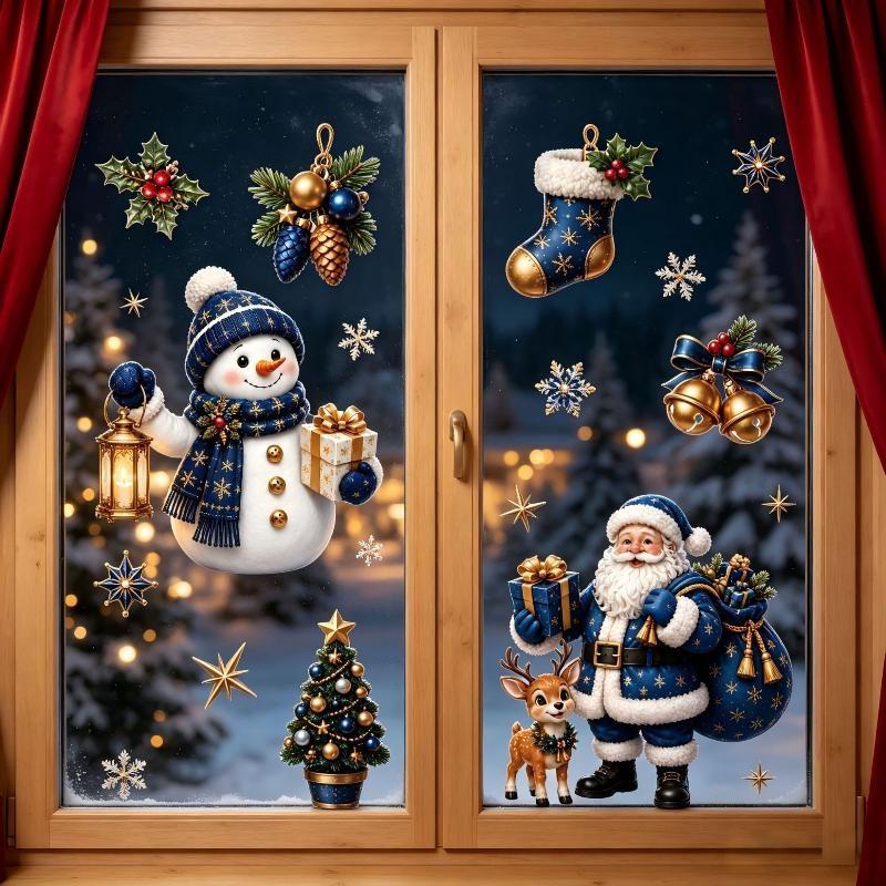 1/2/4 Sheets Cartoon Snowman Snowflake Santa Claus Christmas Window Wall Decals New Year Windows Stickers Self-Adhesive Decor