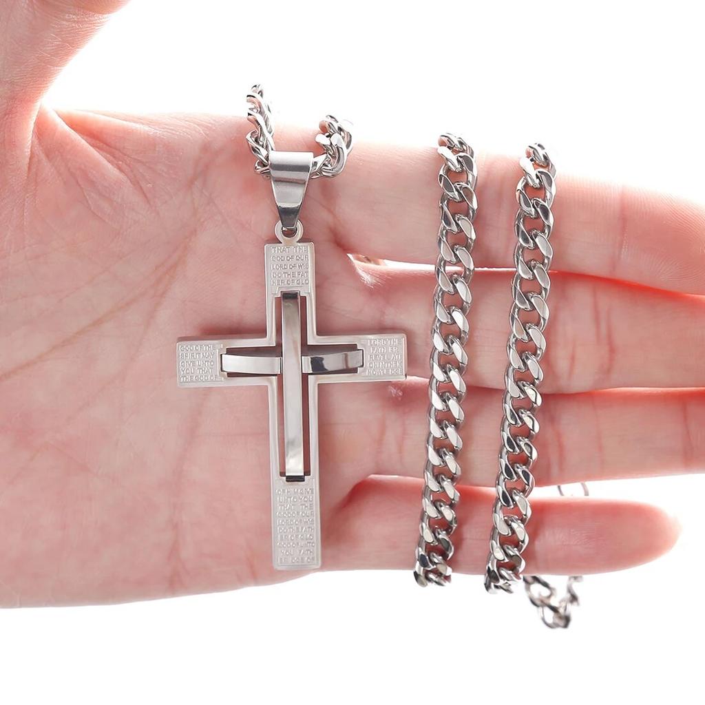 Fashion Classic Cross Male Necklace Silver Color 316L Stainless Steel Curb Chain Pendant Necklace for Women Men Jewelry Gift