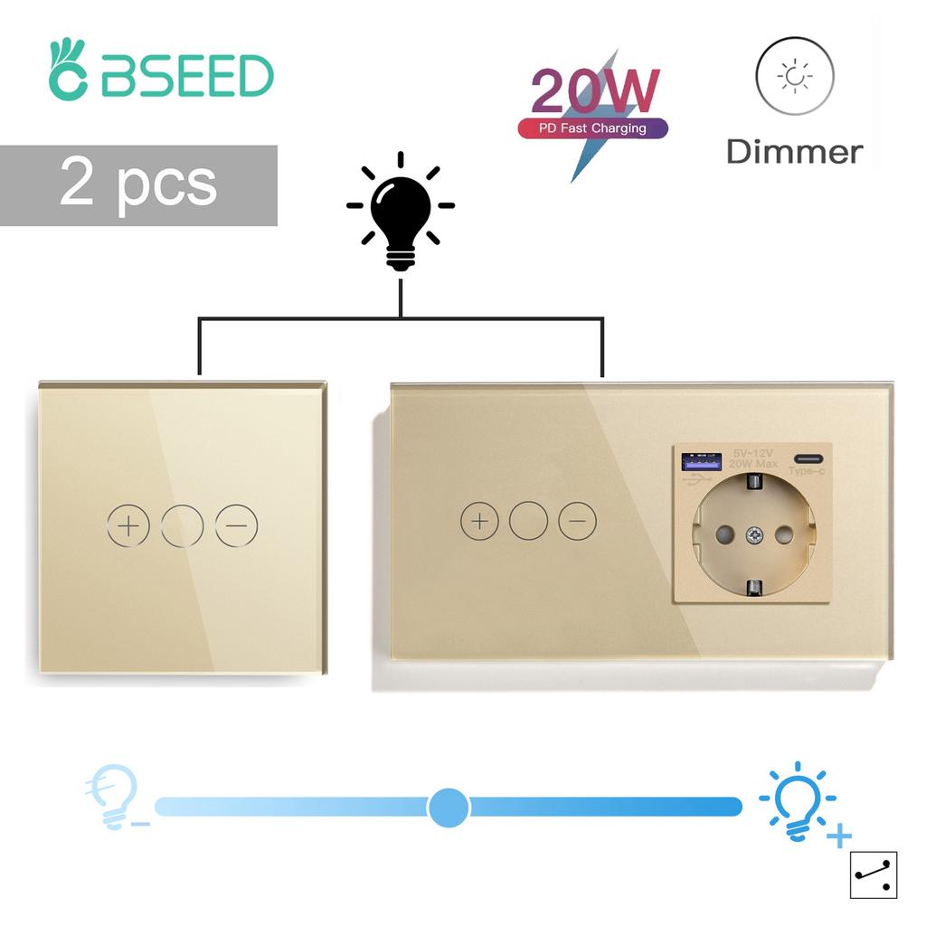 BSEED LED Touch Dimmer Schalter Wanddimmer 1-fach 2-Wege Sensor Schalter Plus EU Steckdosen USB Typ-c Gehärtetes Glas Wasserdicht 2er Pack