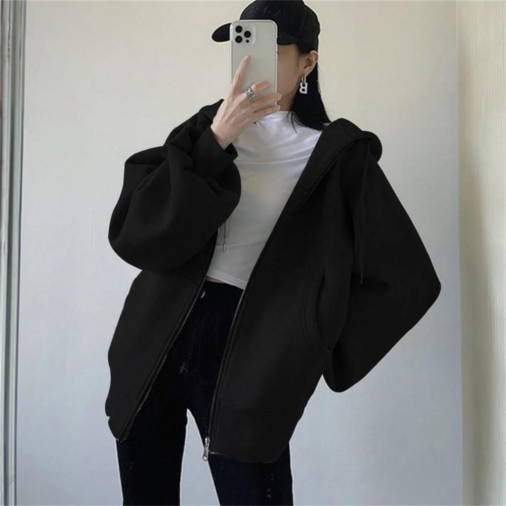 

Women Loose Hooded Sweatshirt Jacket Fall Solid Zipper Long Sleeve Coat Oversize Vintage Hoodies Casual Wear XXL чёрный