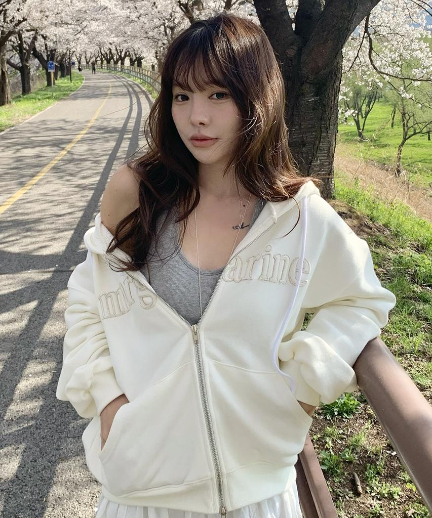 Stmg Margarine Applique Loose Two-Way Zipper Hoodie Ivory