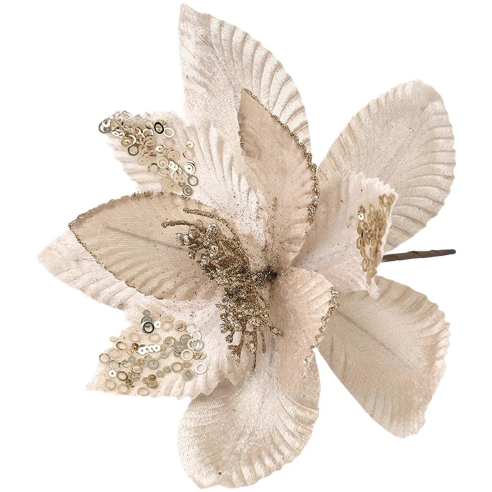6Pcs Artificial Glitter Flowers Christmas Tree Ornaments For Xmas Holiday Party Glitter Artifical Christmas Flowers