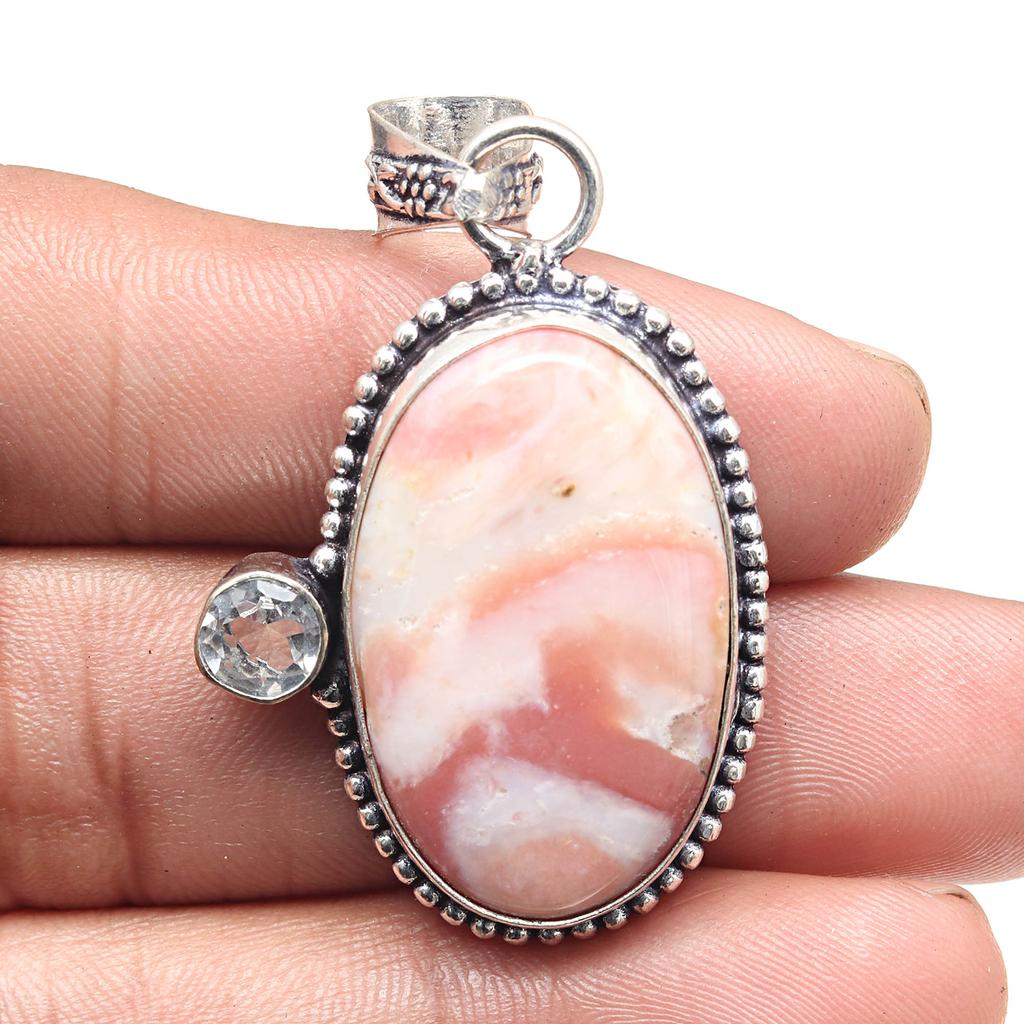 Pendant Pink Opal Swiss Blue Gemstone Valentine'Day Gift Silver Jewelry 2.25"