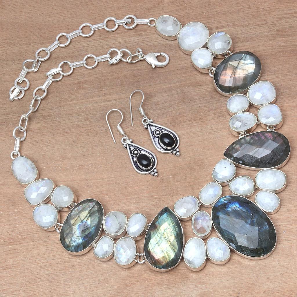 Moonstone Facited  LabradoriteGemstone Jewelry Necklace &Earrings 18-20''