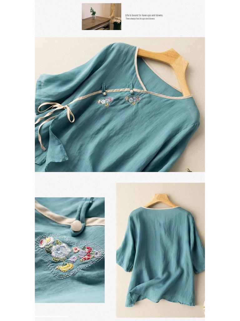 2024 Women's Cotton-Linen Embroidered Short Sleeve Shirt with Oblique Collar