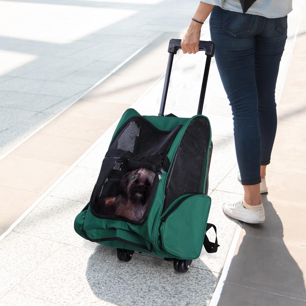 2-in-1 Pet Carrier Backpack for Dogs and Cats with Side Pockets, Telescopic Handle and Wheels, 42x25x55cm, Green
