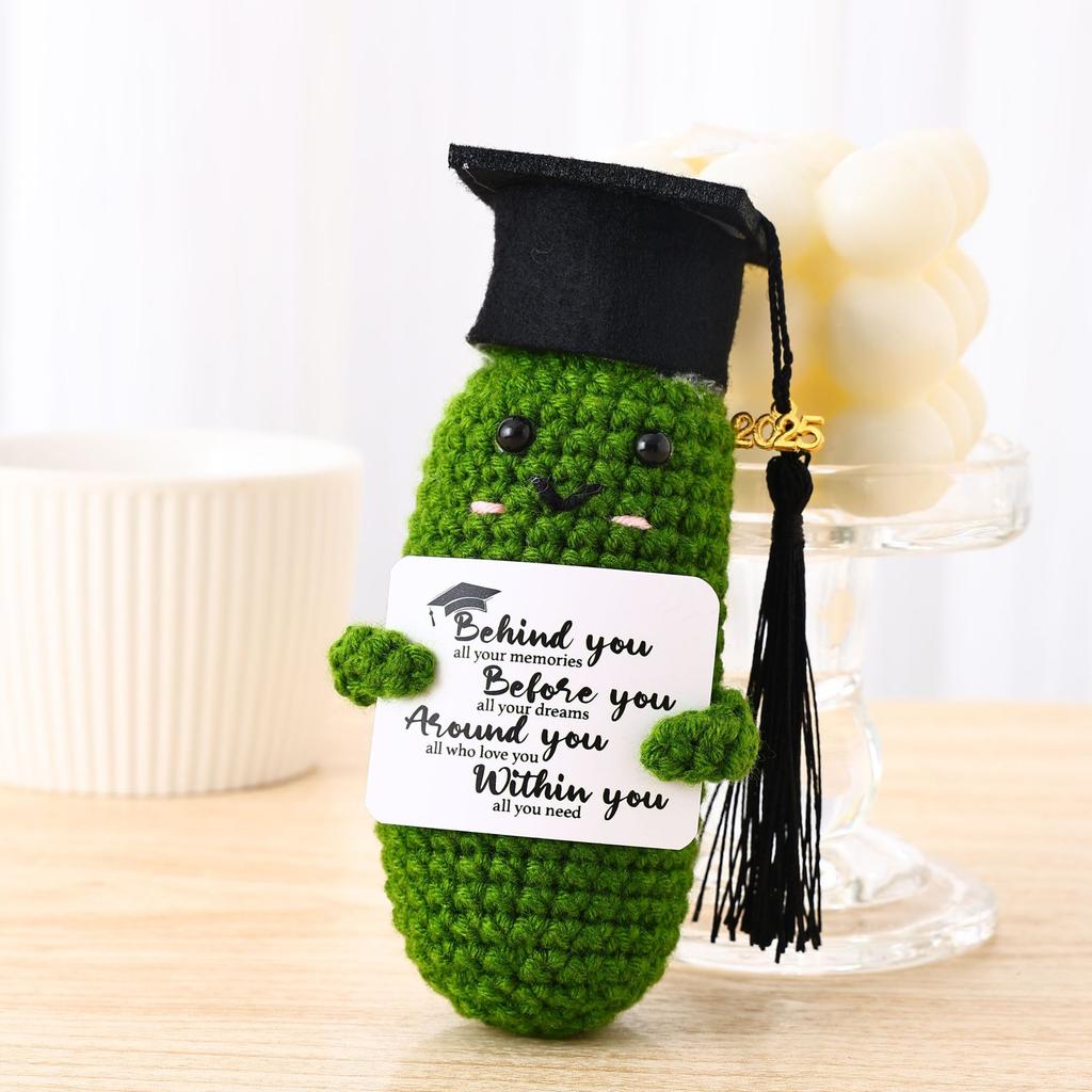 Funny Positive Emotional Support Pickle Doll Handmade Woolly Knitted Graduation Hat Unique Cucumber Potato Doll Christmas Gifts