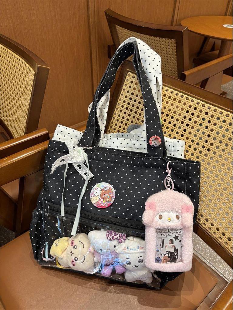 Polka Dot Anime Ita Bag: Large Capacity Canvas Tote with Versatile Shoulder Strap - Korean Style