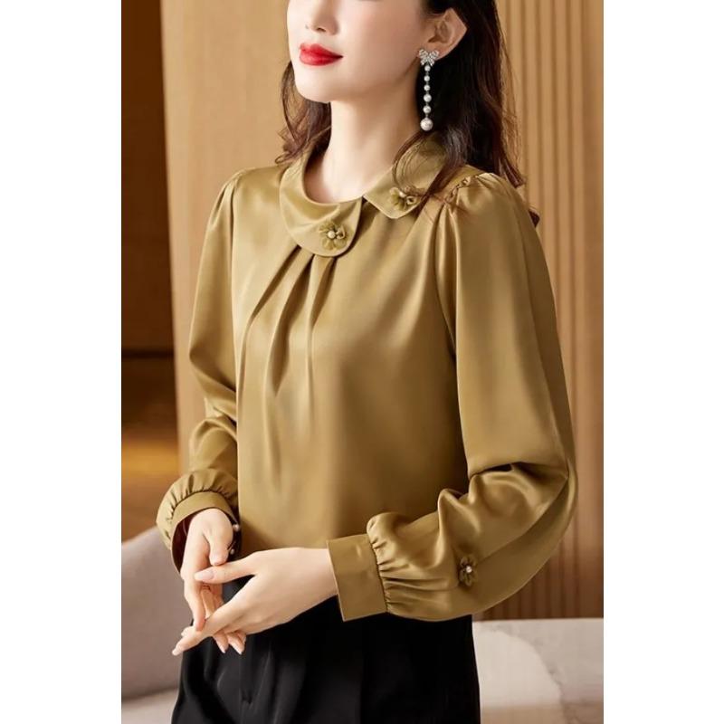 Noble Women's New Autumn Pullover POLO Collar Fashionable Solid Color Long-sleeved Satin Shirt Top