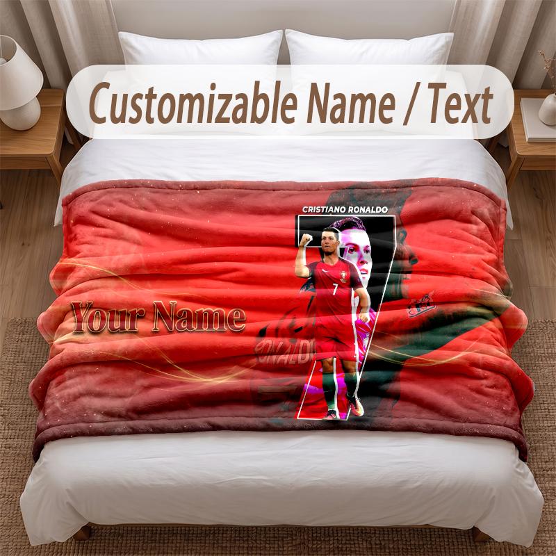 Cristiano Ronaldo Printed Flannel Blanket Custom Name Text Soft Warm Throw For Bedroom Holiday Gift
