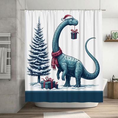 Christmas Dinosaur Shower Curtain, Blue Long Neck Dino In Santa Hat with Gifts, Fun Festive Bathroom Decor for Kids