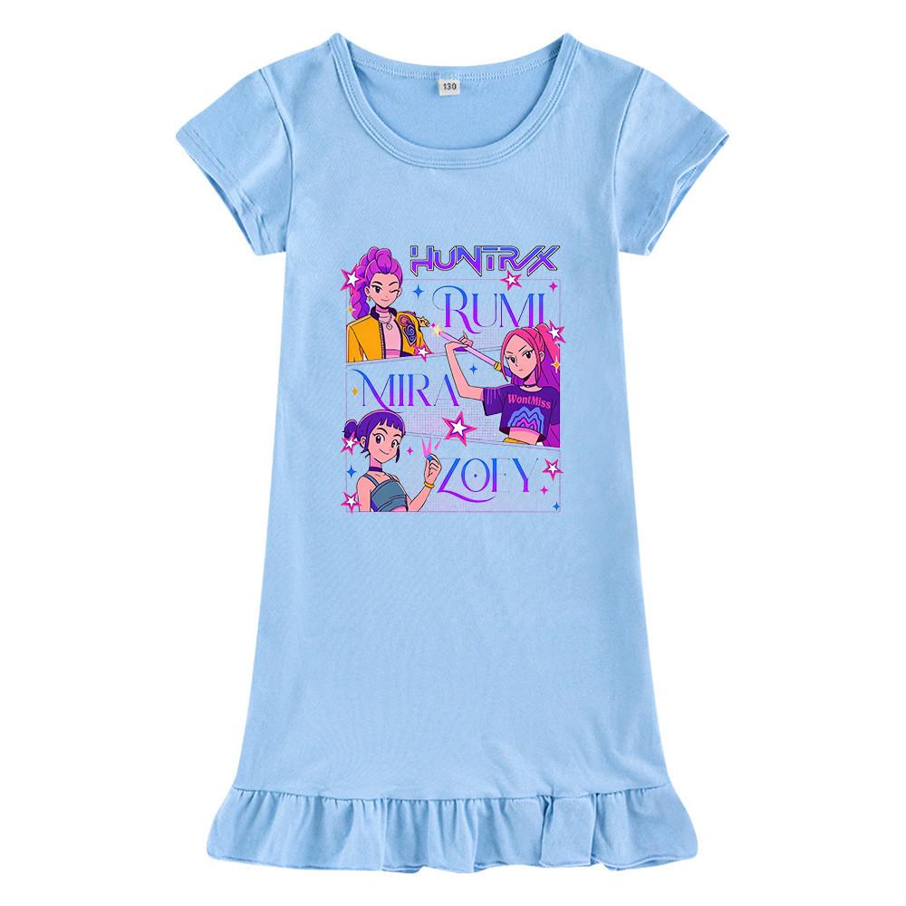 M1239 Kids Girls Kpop Rumi Zoey Mira Print Short Sleeves Ruffle Dress