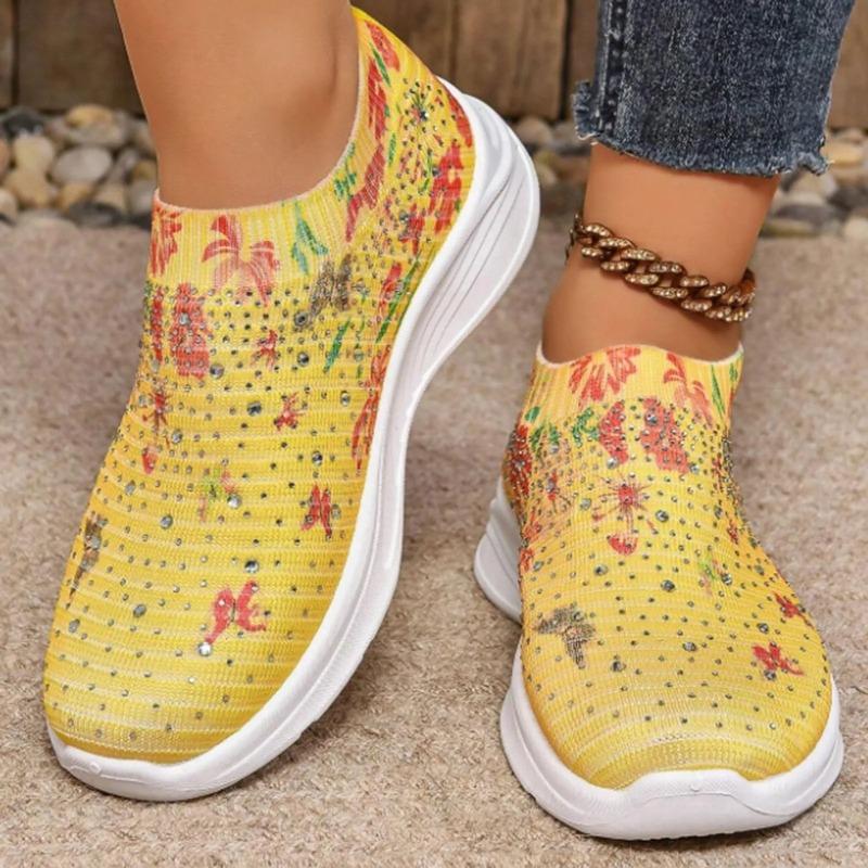 Fashion Crystal Floral Women's Knitted Sneakers Summer New Breathable Air Mesh Casual Shoes Woman Light Weight Walking Sports Flats