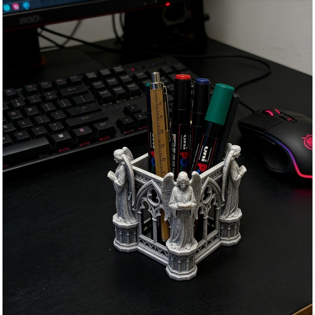 Vintage Gothic Cathedral Arch Angel Figurine Pen Holder 3D Printed Desk Organizer Aesthetic Decor for Makeup Brushes& Stationery