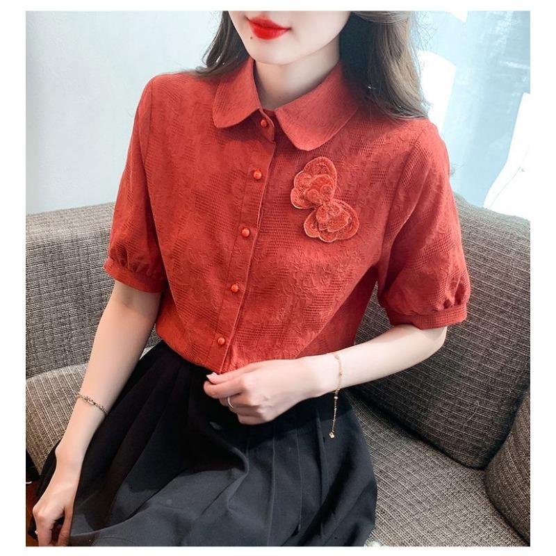 Summer New Style Jacquard Embroidery Casual Fashion Versatile Women's Short Sleeve Shirt