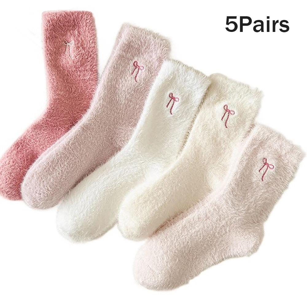 Absorption Bow Velvet Socks Soft Cozy Warm Fleece Socks Winter Warm Mid-Calf Socks Indoor Use One Size