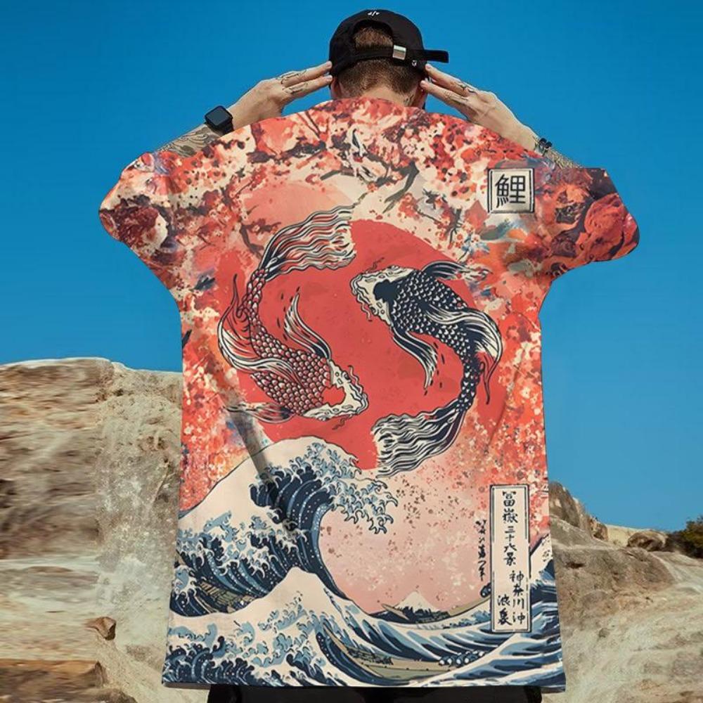Tricouri Ukiyo-E pentru bărbați Îmbrăcăminte pentru bărbați cu imprimeu de pește Yin Yang Tricou largi supradimensionat Tricou de stradă, ocazional, cu mânecă scurtă