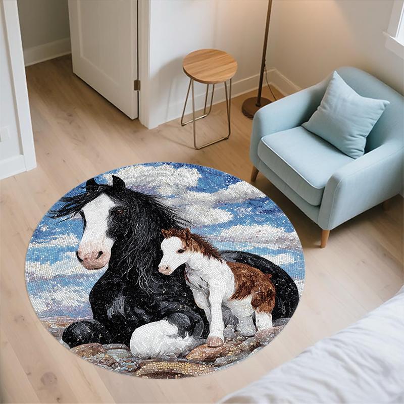 White Horse pattern round rug,Carpet Rug for Living Room Bedroom Sofa Playroom Decor,Non-slip Floor Mat,Holiday Gifts and Birthday Gifts