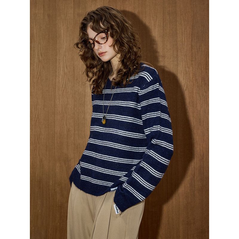 Coolhu Navy Blue Lazy Style Warm Color-Block Striped Knit Crew Neck New Women's Fashionable Versatile Sweater