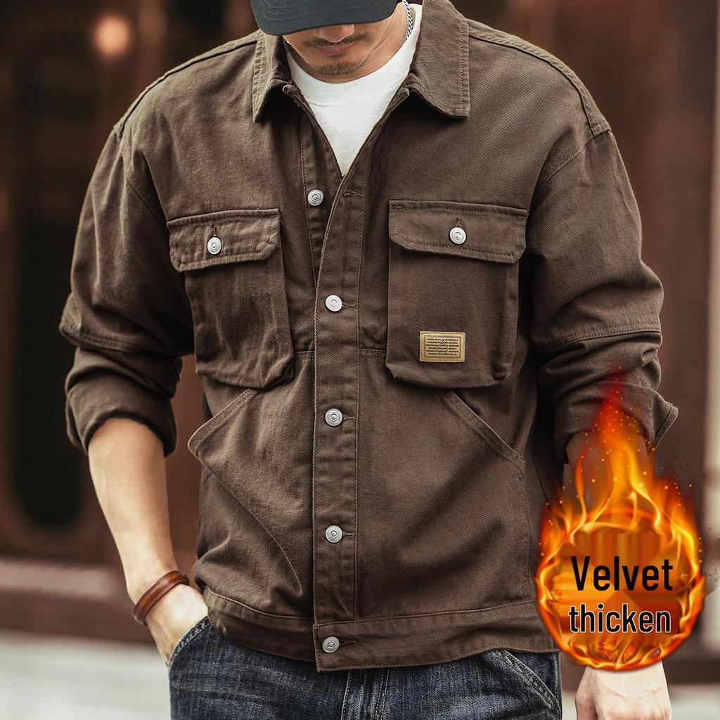 Ge Lan Lu Men's Vintage American Style Heavyweight Denim Jacket for Spring & Autumn - Loose Fit Hunting Workwear.