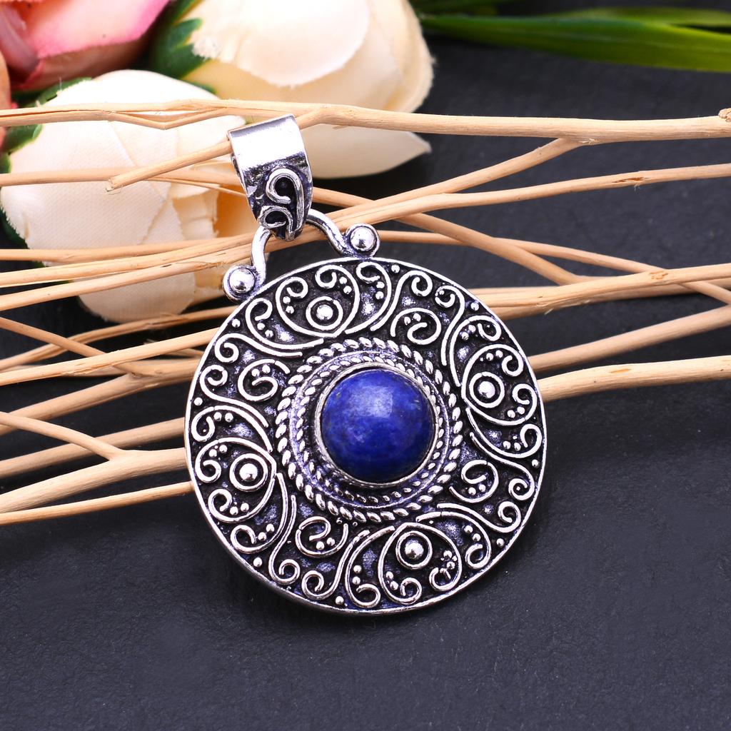 Natural Lapis Lazuli Gemstone Handmade 925 Sterling Silver Pendant 1.75" I9I45