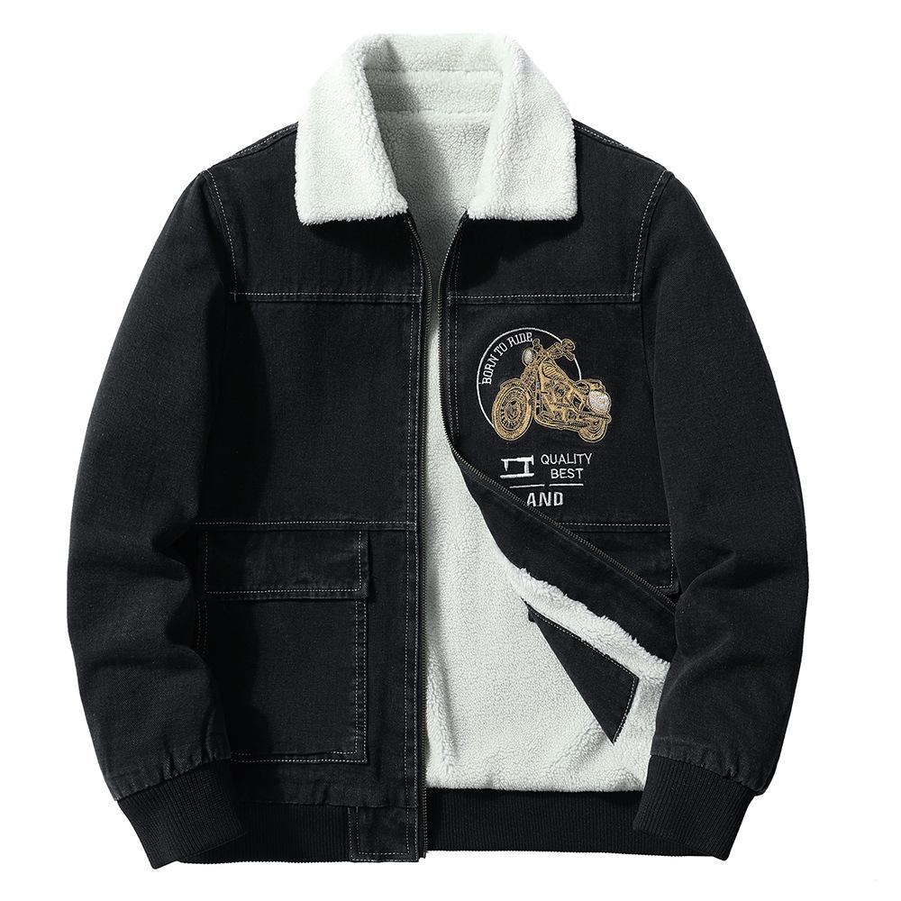 New Jacket Men's Plus Velvet Jacket Denim Thick Cotton Coat In Autumn and Winter Warm Embroidered Thick Jacket for Young Men's Clothing