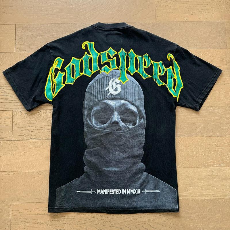 Godspeed retro printing foreign trade beauty tide high street men and women casual trend hip hop apricot old short sleeve T-shirt
