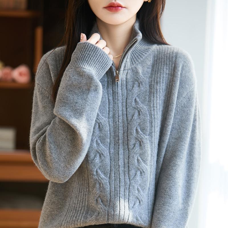 Thick Cable Knit 100% Pure Wool Zipper Cardigan with Stand Collar – Korean Style for Autumn & Winter