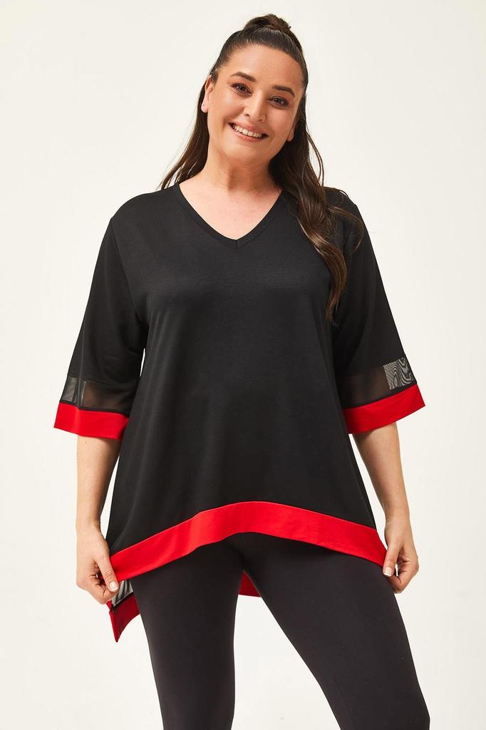 Women's Big Size Blouse Plus Size Black-Green Blouse with Tulle Detail On Sleeves and Skirt