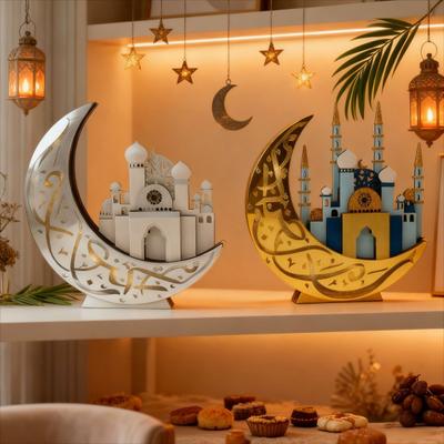 Ramadan Tischdekoration Holz Halbmond Stern Eid Mubarak Ornament LED Beleuchtet Ramadan Kareem Moschee Schild für Islamische Heimdekoration