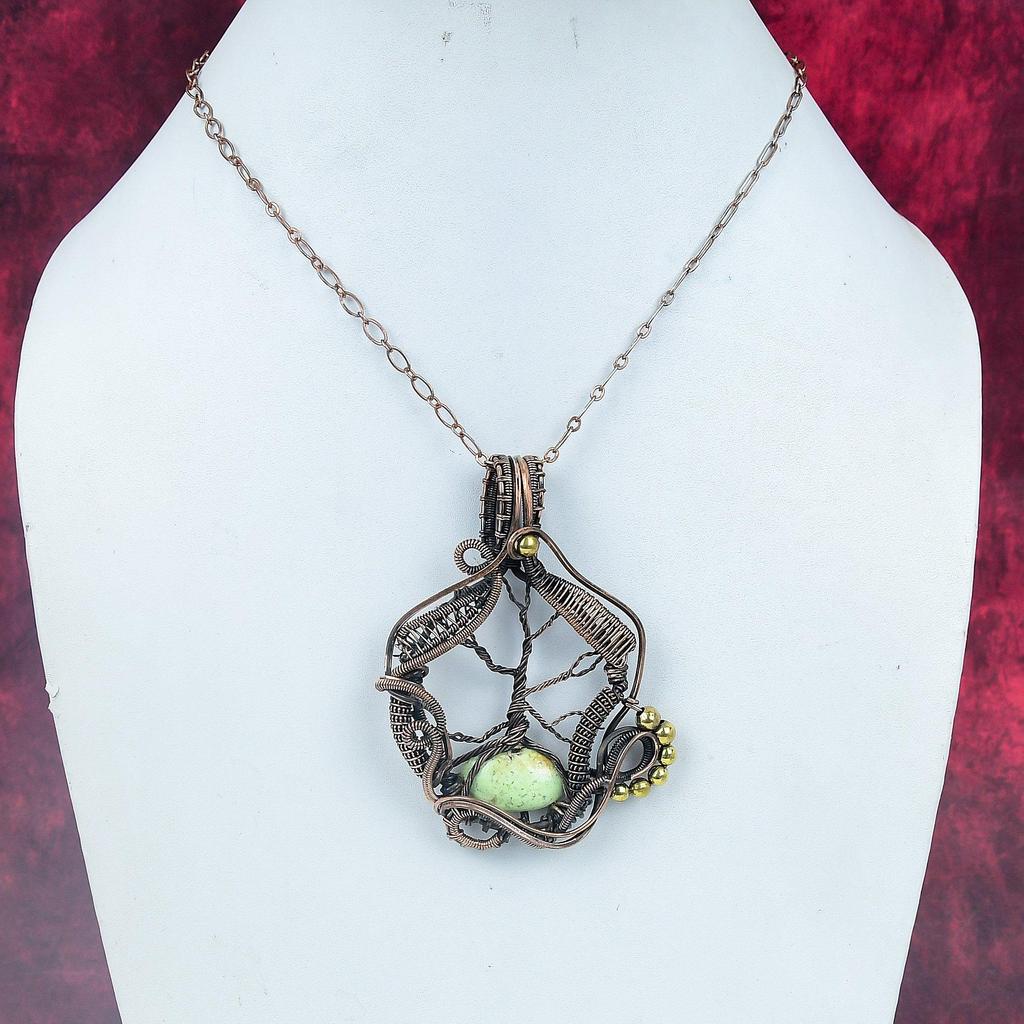 Tree Of Life Lemon Chrysoprase Gemstone Pendant Copper Wire Wrapped Handmade Jewelry