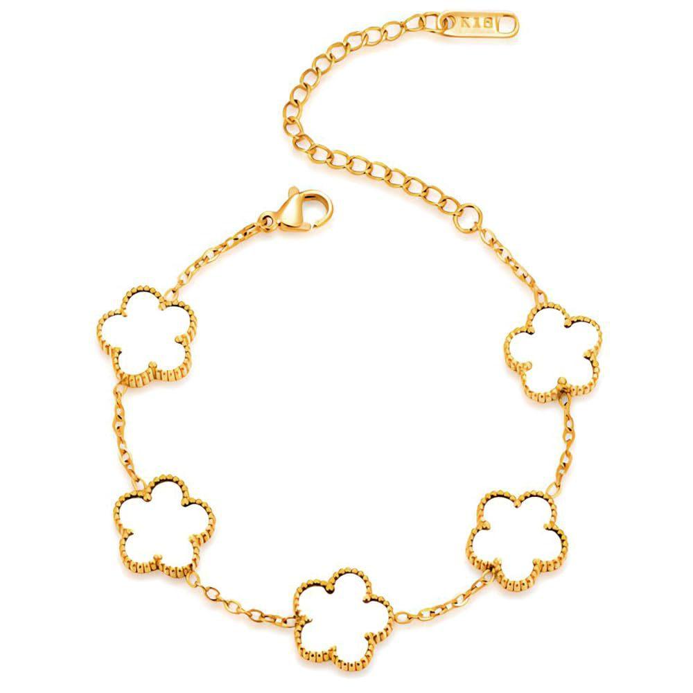 Collier en Acier Inoxydable Plaqué Or 14K Femme Cinq Pétales de Feuille Colliers Double Face pour Femmes Pendentif Fleur Trèfle Bijoux