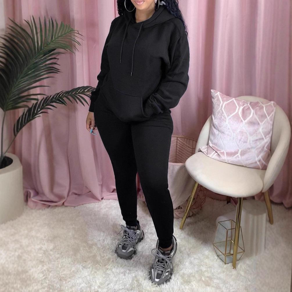 Europäischer & Amerikanischer Damen Einfarbiger Hoodie Zweiteiliger Plus Samt Laufanzug - Herbst/Winter Sportbekleidung