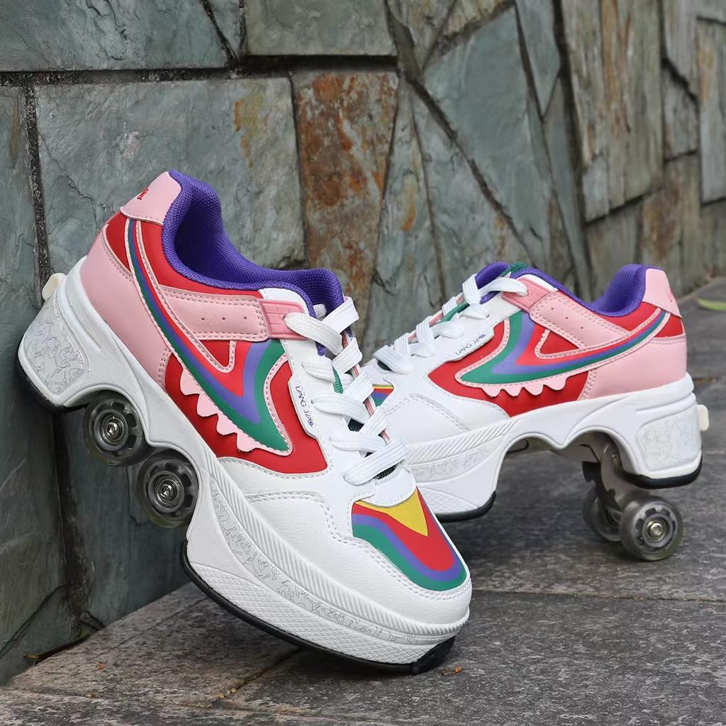2025 Deform Wheel Skates Roller Skate Shoes Runaway Sneakers With 4-Wheel Casual Deformation Parkour Adult Children Rounds Walk