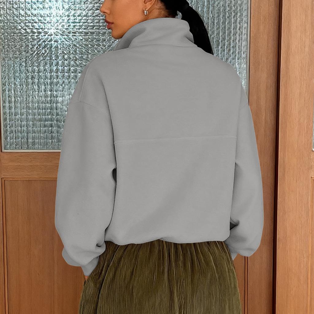 Women's Casual Loose Fashion Solid Color Long-sleeved Zipper Pullover Lapel Sweatshirt