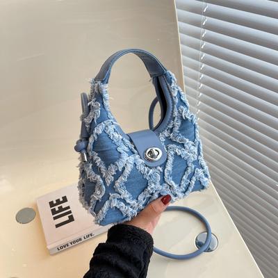 2025 New Spring Rhombus Fringed Bag Niche Denim Crossbody Crescent Bag Versatile Handbag