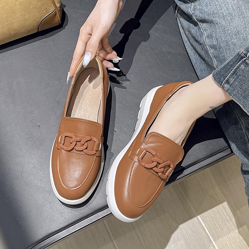 Plus Size Single Shoes Women's Autumn New Round Toe Deep Mouth Metal Chain Platform Casual Landslide Heel Loafers