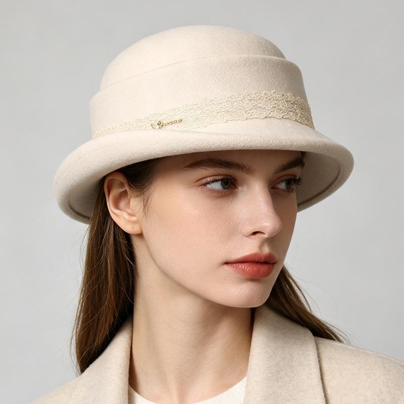 New autumn and winter lace wool basin hat women's French Hepburn style golden top hat bow bucket hat