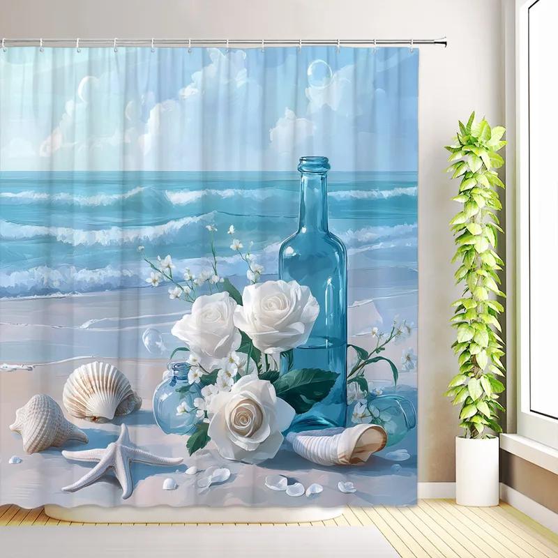 JY01Tropischer Strand Palme Duschvorhang Ozean Seestern Rose Blume Pflanzen Sonnenuntergang Aquarell Landschaft Badezimmerdeko mit Ho@1