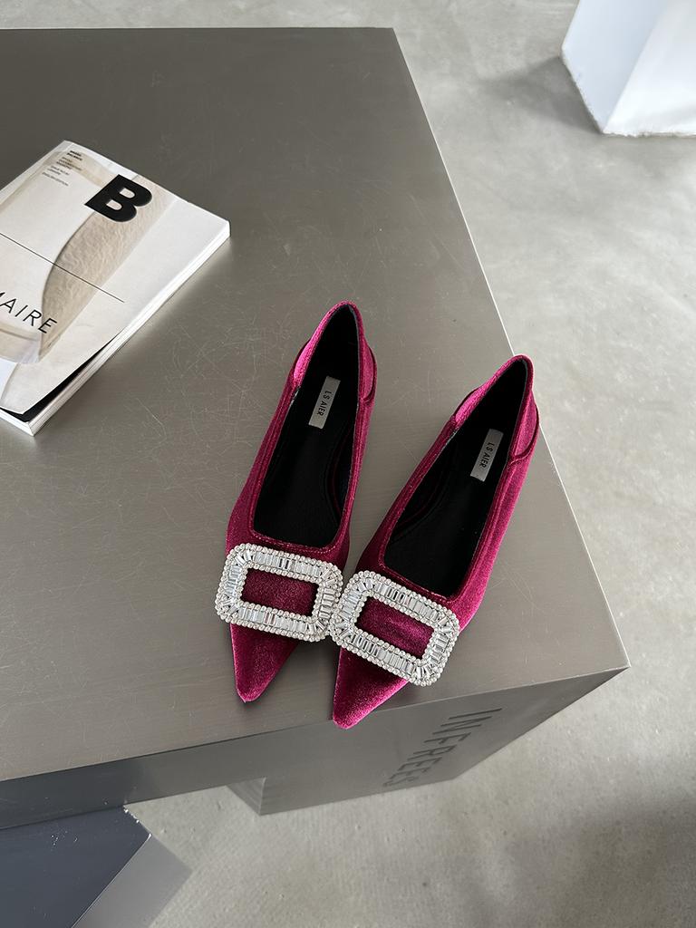 fashion Pointed Toe Women Flats Autumn Dress Shoes Low Heeled Rhinestone Buckle Beige/Wine red/Black Casual Daily Loafers Size 35-39