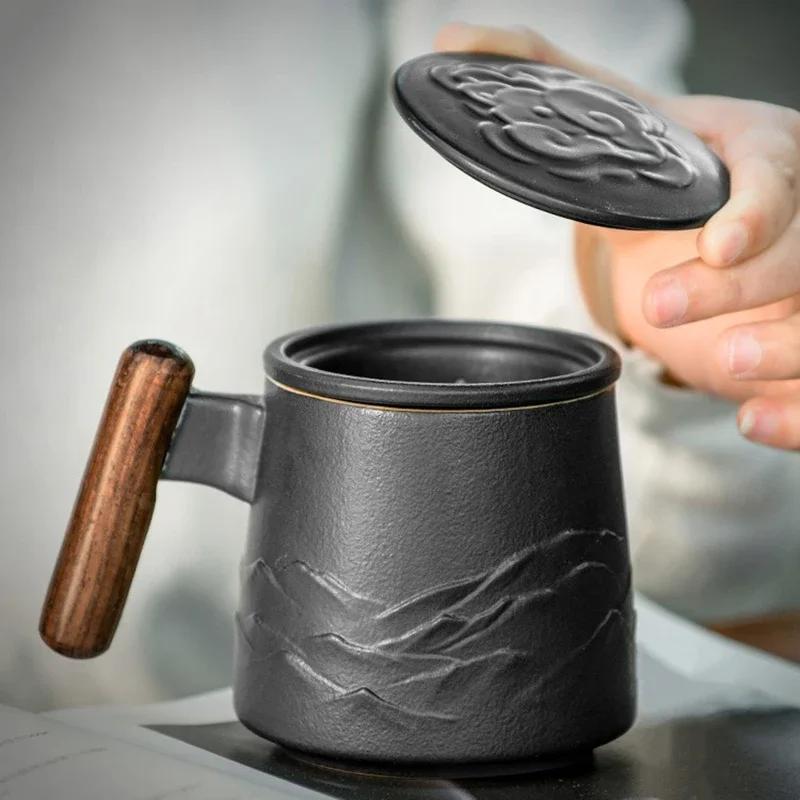 Vintage Ceramic Mugs Wooden Handle Tea Cups with Elegant Strainer and Lid Portable Unusual Coffee Mug Aesthetic Personalized Gifts for Father